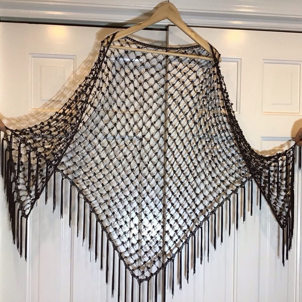 Black Sequin And Fringe Mesh Shawl Festival Witchy Goth Ethereal Fairy Indie